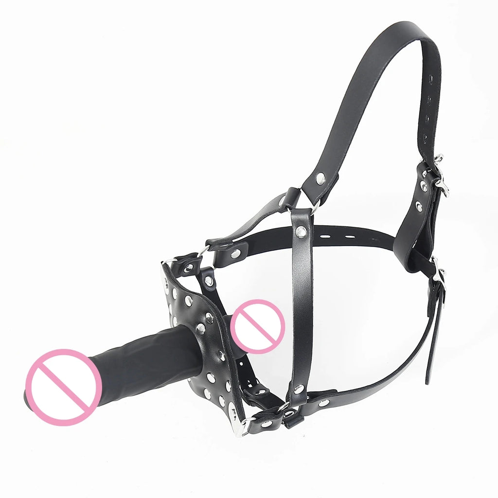 Sex Product Penis Plug Dildo Gag Fetish Leather Mask BDSM Bondage Head Covered Restraints Sex Adult Game Toy for Couples Lesbian