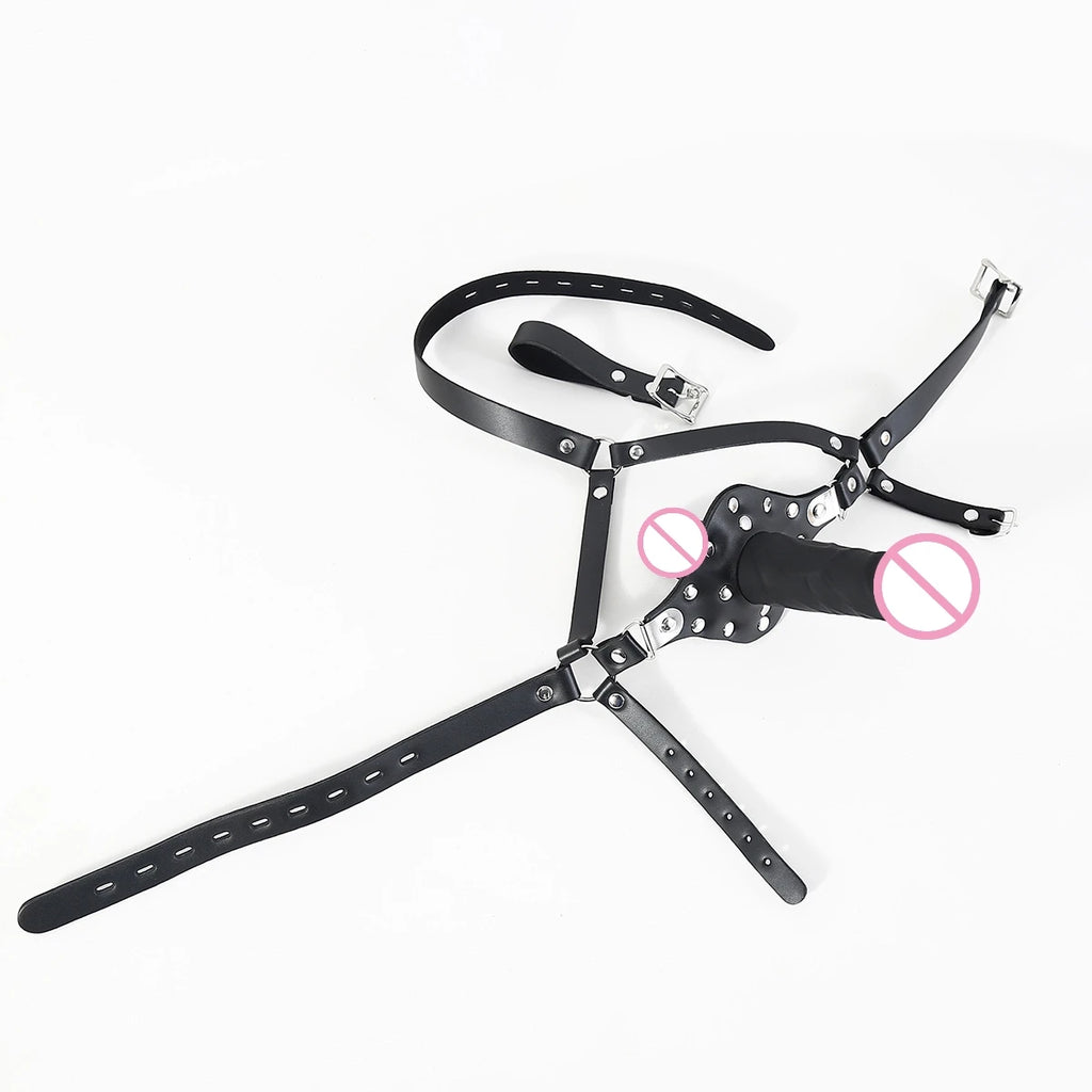 Sex Product Penis Plug Dildo Gag Fetish Leather Mask BDSM Bondage Head Covered Restraints Sex Adult Game Toy for Couples Lesbian